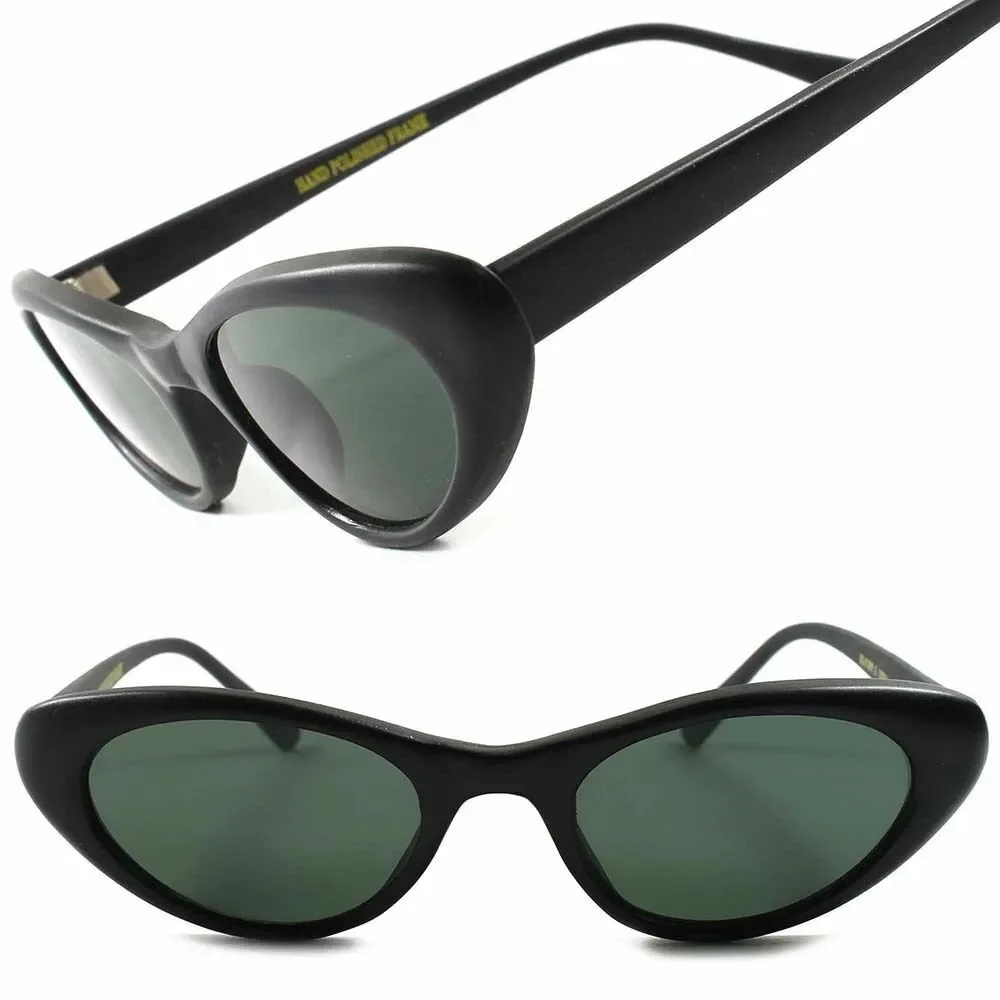 Vintage 60's Fashion Matte Black Womens Small Rockabilly Cat Eye Sunglasses B93